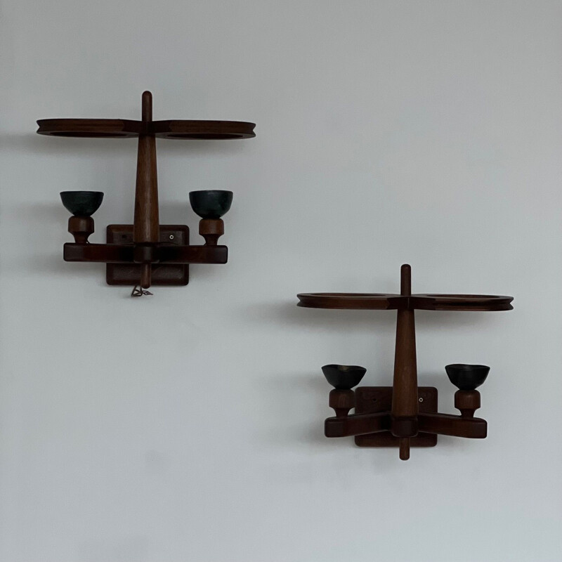 Pair of vintage sconces in oak and ceramics by Guillerme and Chambron, France 1960