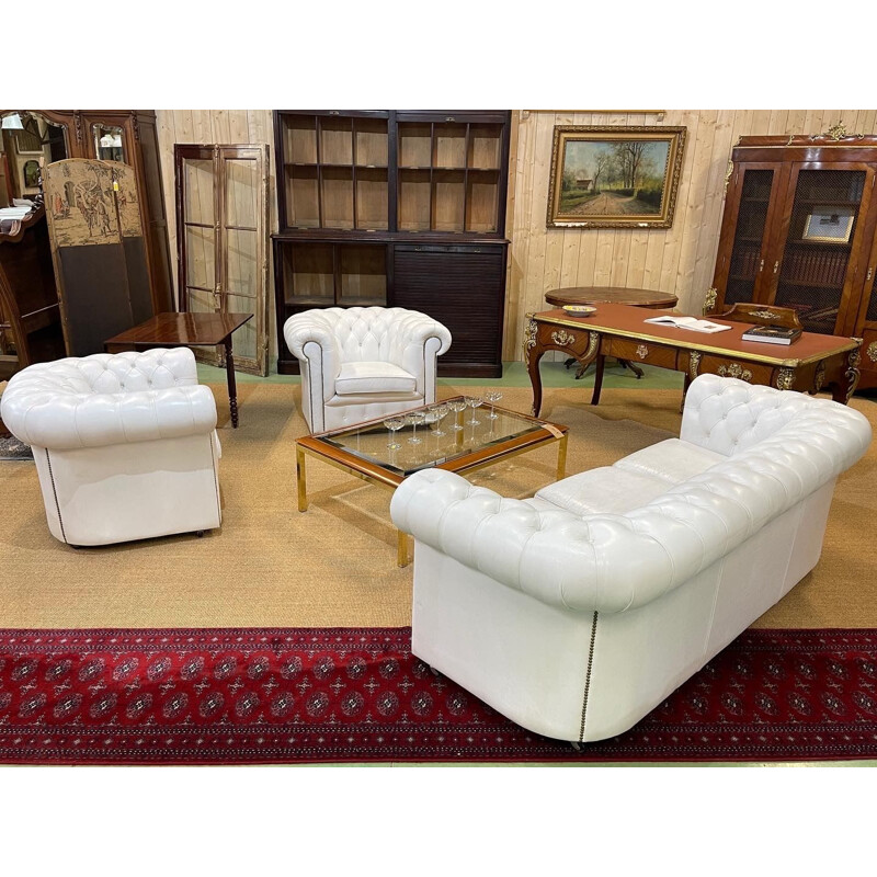Vintage English Chesterfield living room set in white leather, 1980