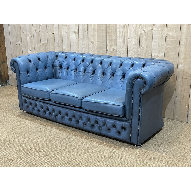 Getuigen Mail experimenteel Vintage English 3 seater Chesterfield sofa in blue leather, 1980