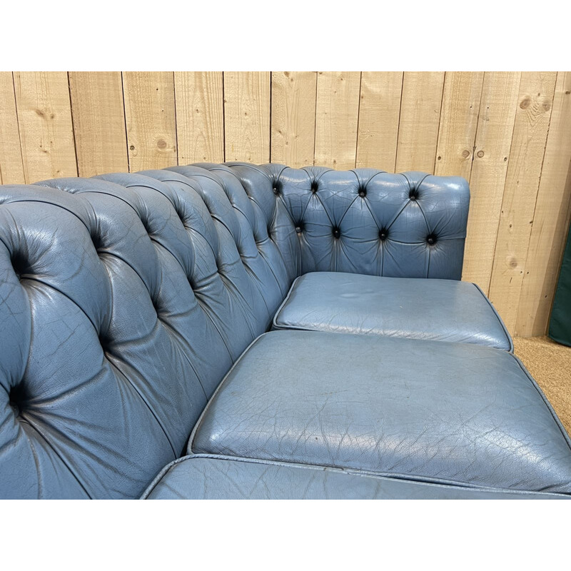 Vintage 3 seater Chesterfield sofa in blue leather, 1980