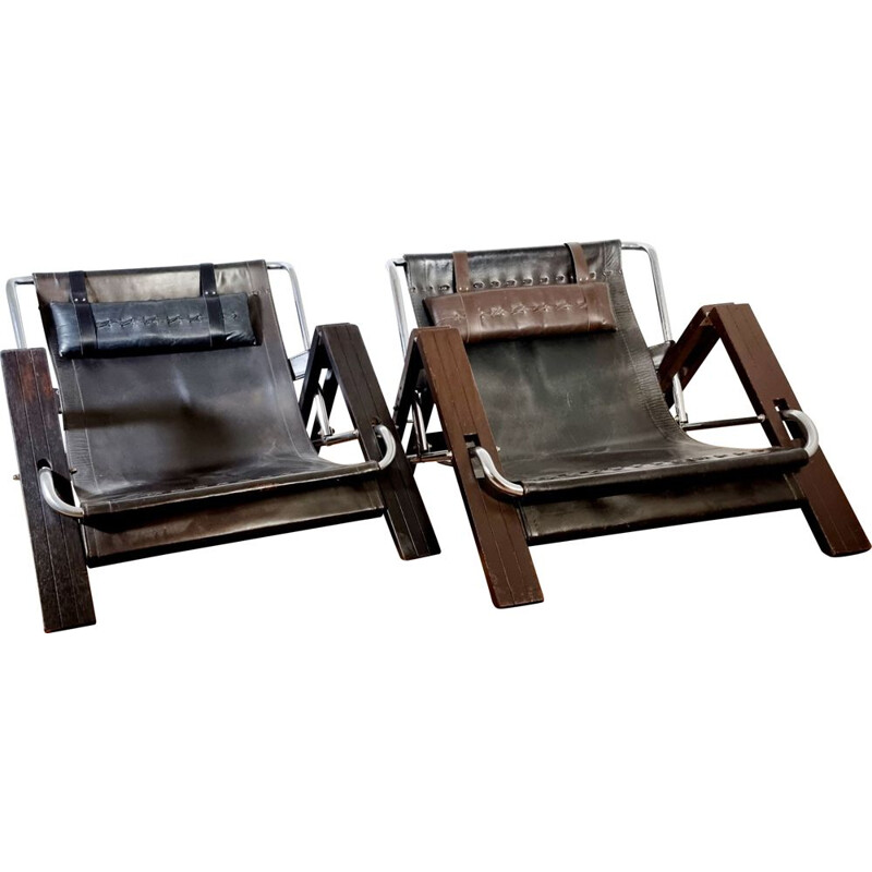 Ein Paar Vintage-Sessel aus Holz und Leder von Sonja Wasseur für Wasseur Studio, Niederlande 1960