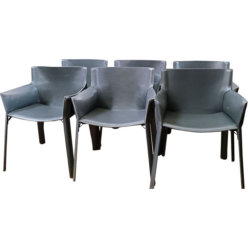 Vintage P90 chairs in metal and grey leather by Giancarlo Vegni for Fasem
