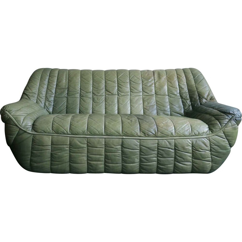 Vintage patchwork olive green leather sofa by Laauser, 1970s