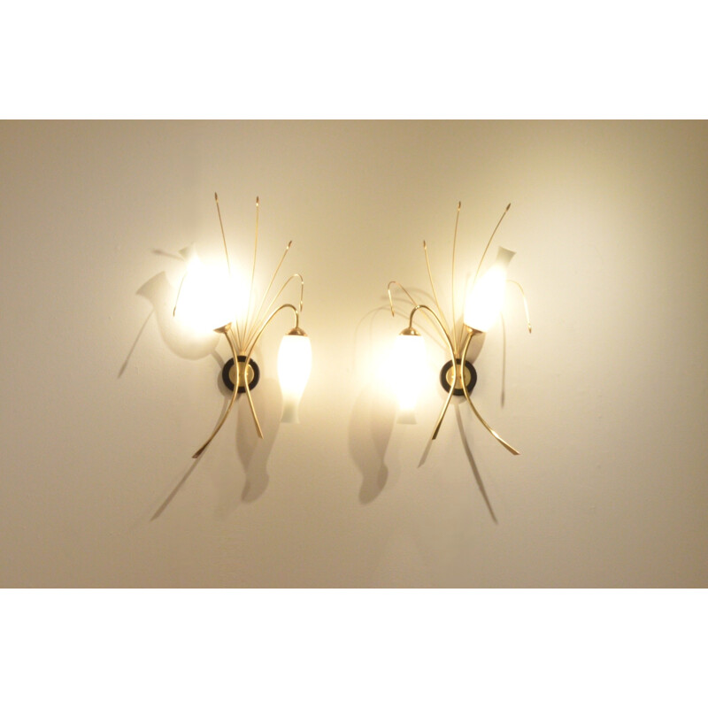 Pair of French Maison Arlus wall lamps in opaline glass - 1950s