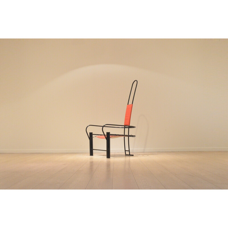 Mid-century armchair in metal and red leather - 1980s