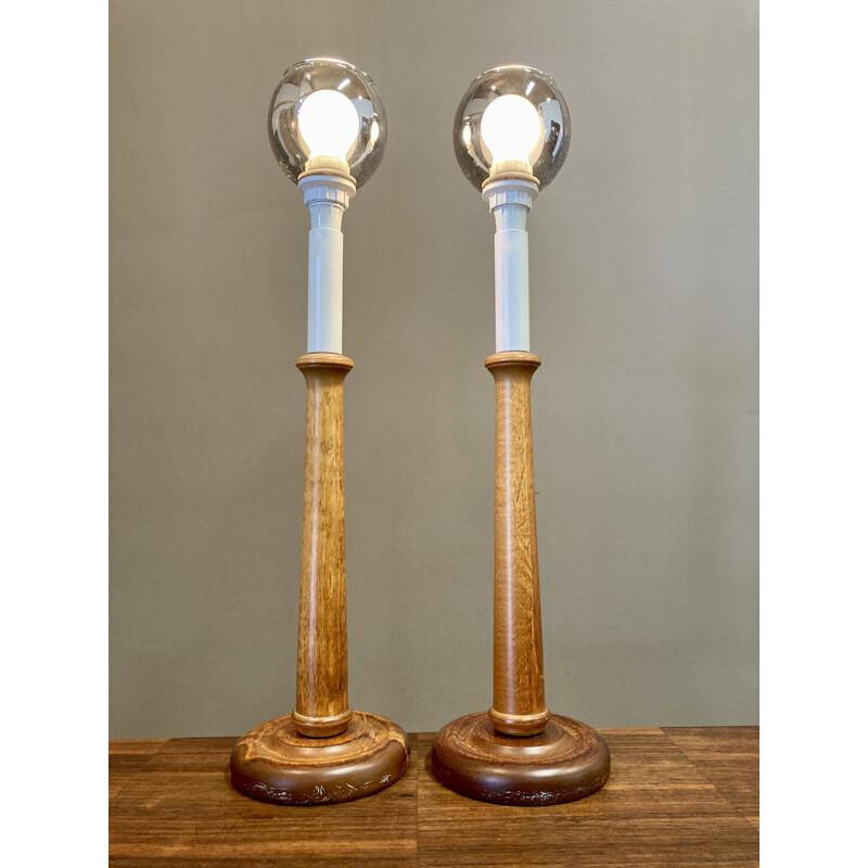 Pair of Scandinavian vintage glass and wood lamps, 1950