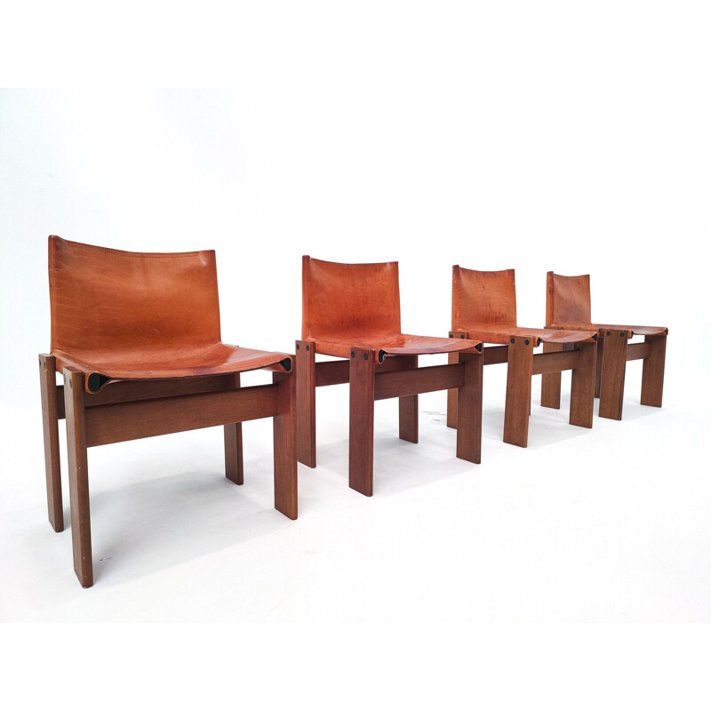 Set of 4 vintage "Monk" chairs in cognac leather by Afra & Tobia Scarpa, Italy 1970s