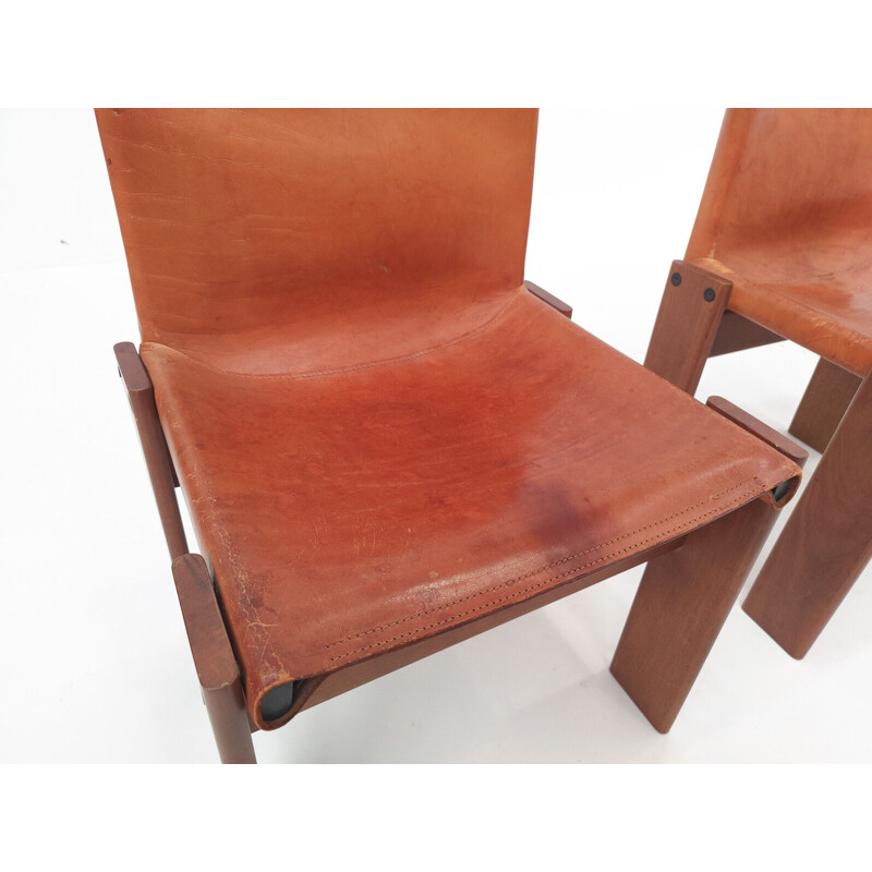 Ensemble de 4 chaises vintage "Monk" en cuir cognac par Afra & Tobia Scarpa, Italie 1970
