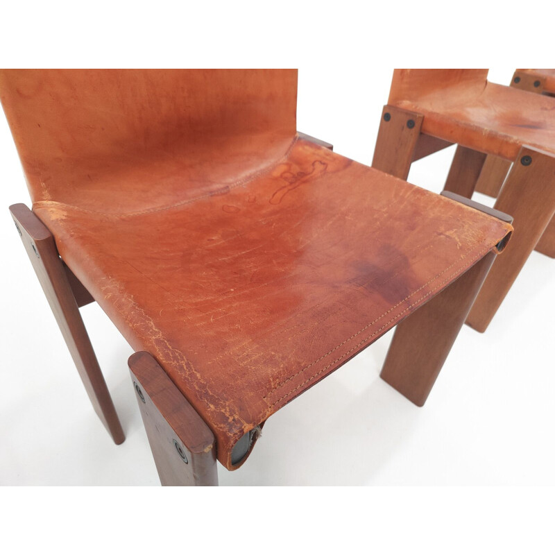 Set of 4 vintage "Monk" chairs in cognac leather by Afra & Tobia Scarpa, Italy 1970s