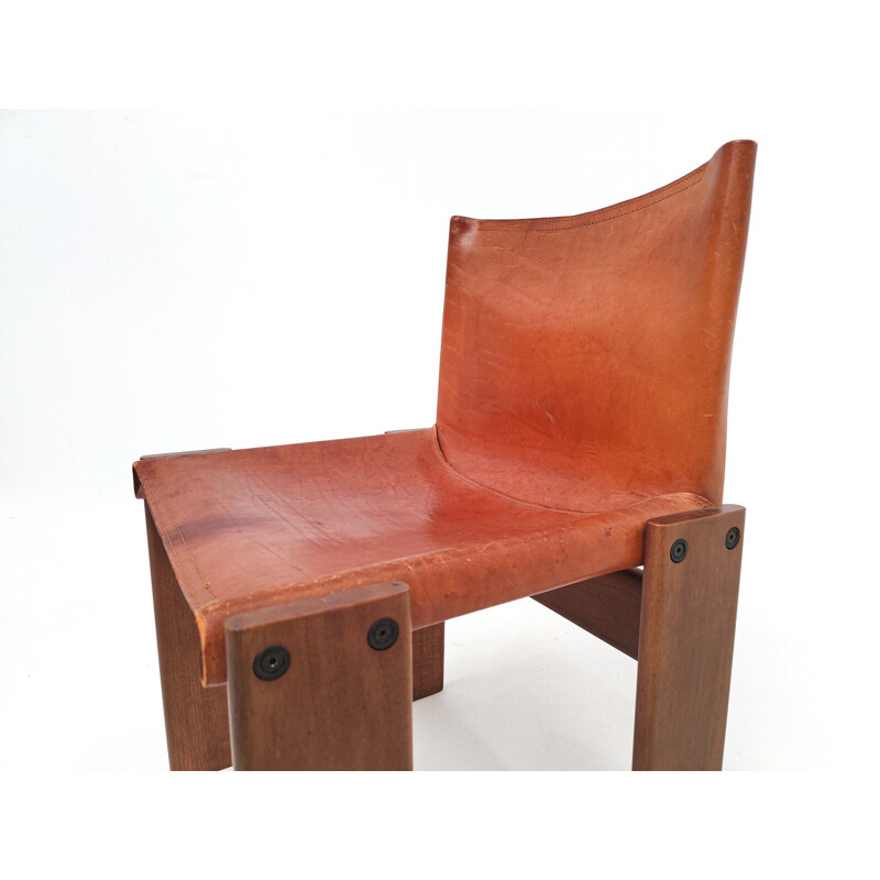 Ensemble de 4 chaises vintage "Monk" en cuir cognac par Afra & Tobia Scarpa, Italie 1970