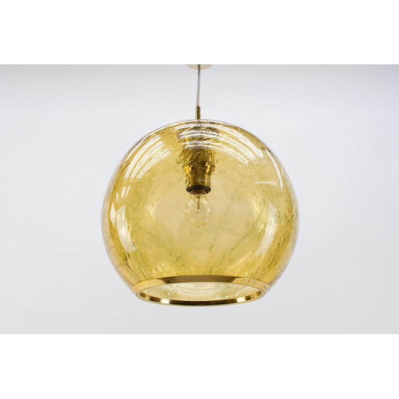 Suspension vintage en verre bulle ambré avec laiton par Doria Leuchten, Allemagne 1960