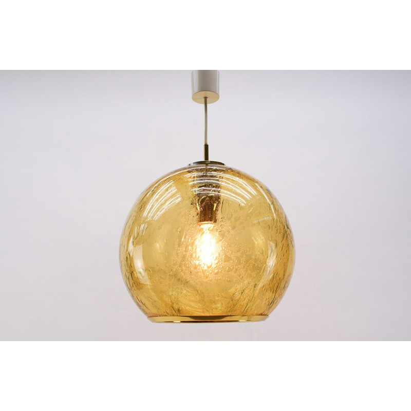 Suspension vintage en verre bulle ambré avec laiton par Doria Leuchten, Allemagne 1960