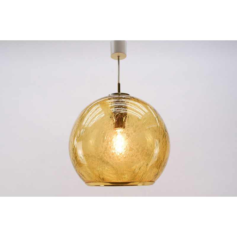 Vintage amber bubble glass pendant with brass by Doria Leuchten, Germany 1960