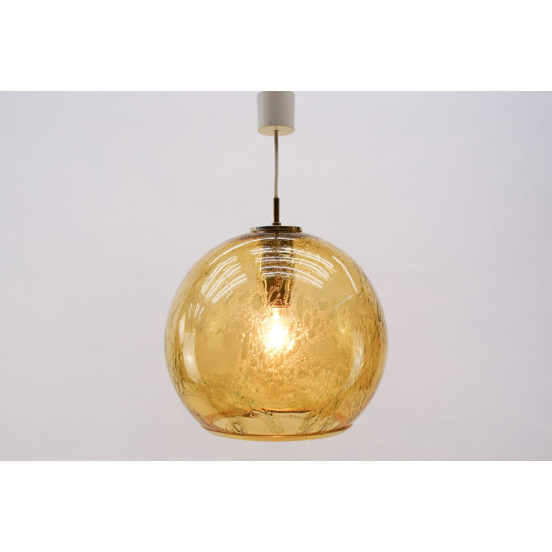 Vintage amber bubble glass pendant with brass by Doria Leuchten, Germany 1960