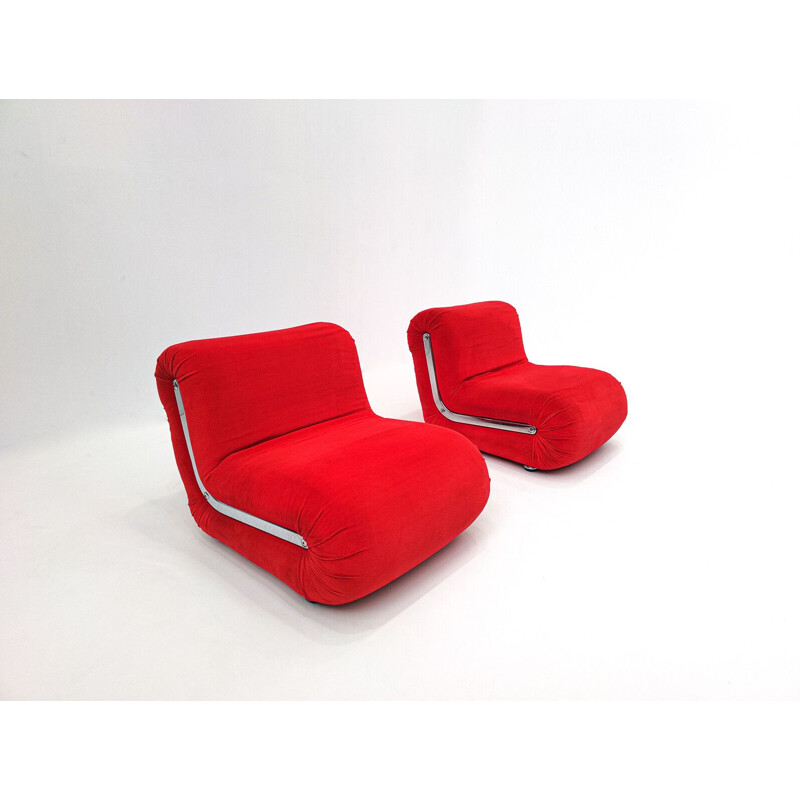 Pair of vintage red Boomerang armchairs by Rodolfo Bonetto, Italy 1960s