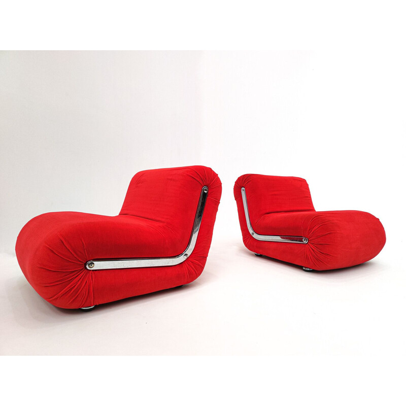 Pair of vintage red Boomerang armchairs by Rodolfo Bonetto, Italy 1960s