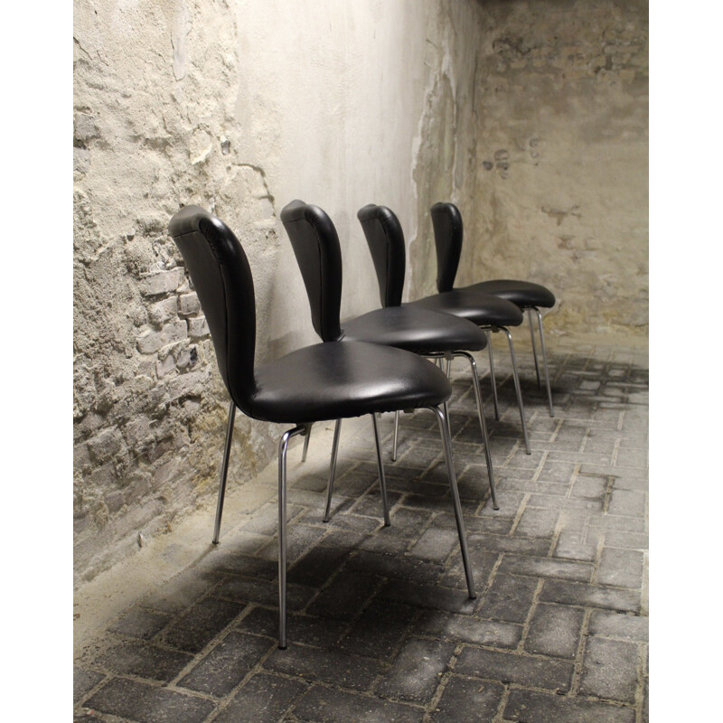 Set of 4 Fritz Hansen "Butterfly" chairs in black leahterette, Arne JACOBSEN - 1960s