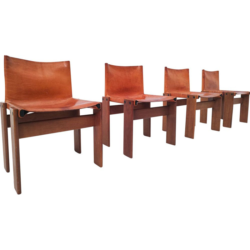 Set of 4 vintage "Monk" chairs in cognac leather by Afra & Tobia Scarpa, Italy 1970s