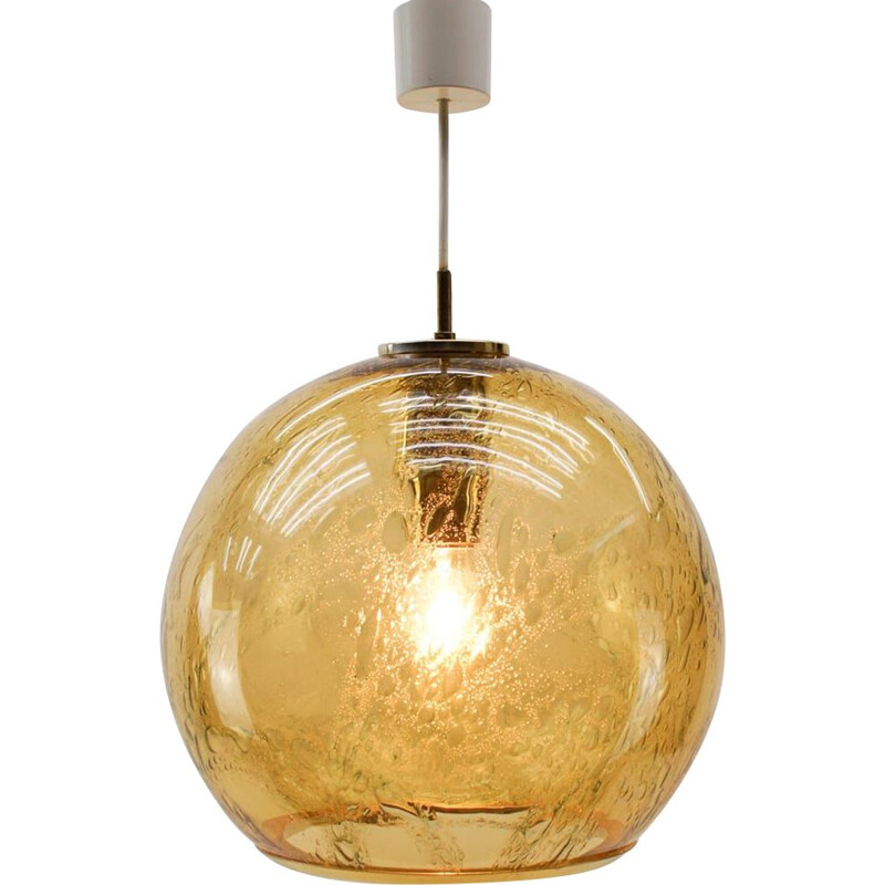 Suspension vintage en verre bulle ambré avec laiton par Doria Leuchten, Allemagne 1960