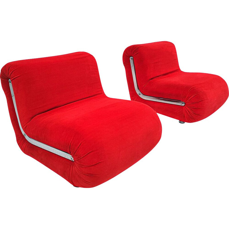 Pair of vintage red Boomerang armchairs by Rodolfo Bonetto, Italy 1960s