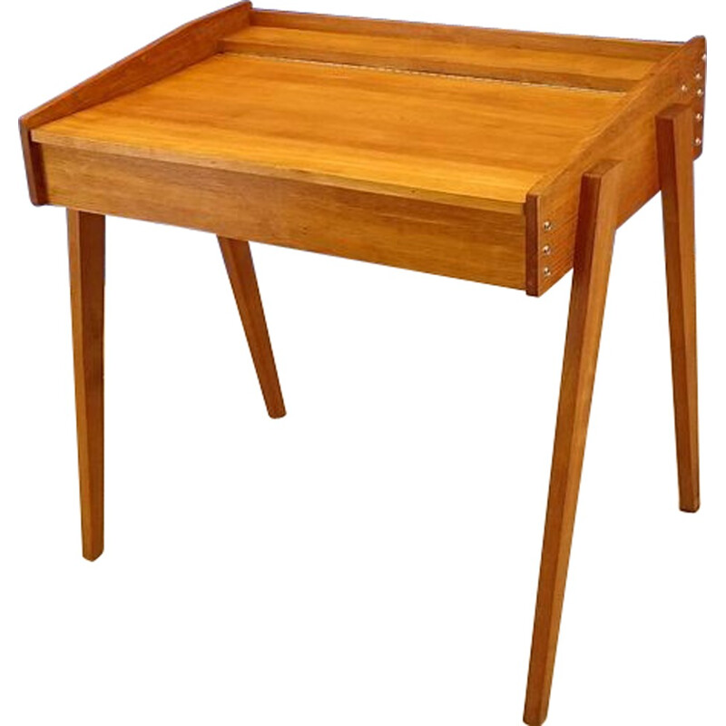 Vintage small desk in light oak with trunk - 1950s