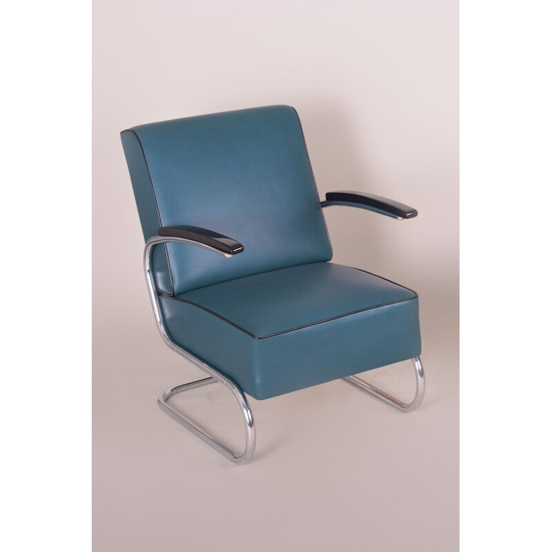 Vintage blauwe fauteuil van Mucke Melder, Tsjechoslowakije 1930