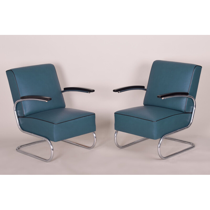 Pair of vintage blue leather armchairs by Mucke Melder, Czechia 1930s