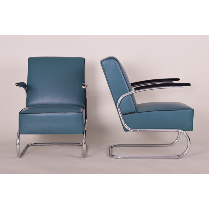 Pair of vintage blue leather armchairs by Mucke Melder, Czechia 1930s