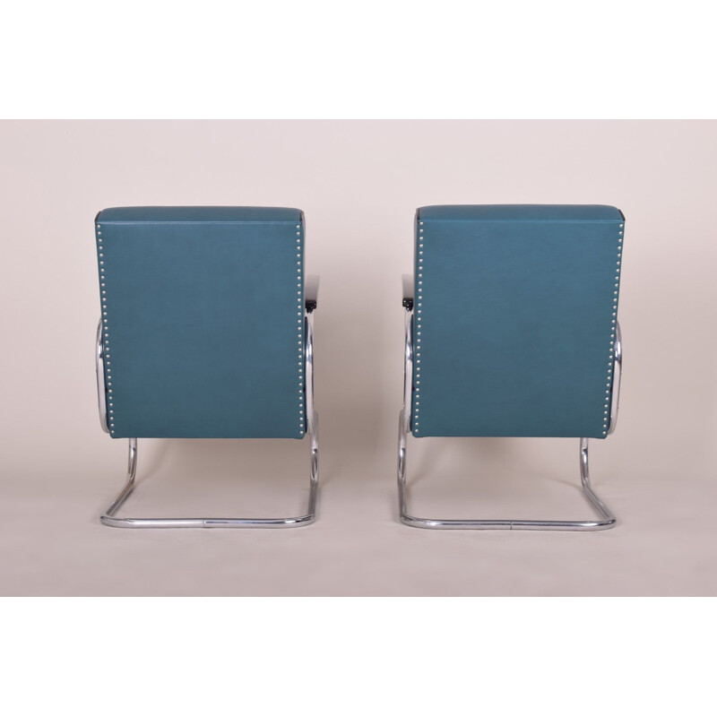 Paar vintage blauw lederen fauteuils van Mucke Melder, Tsjechoslowakije 1930
