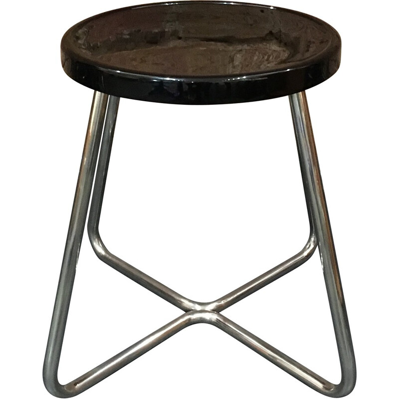 Functionalist steel stool with black lacquered beech - 1930s