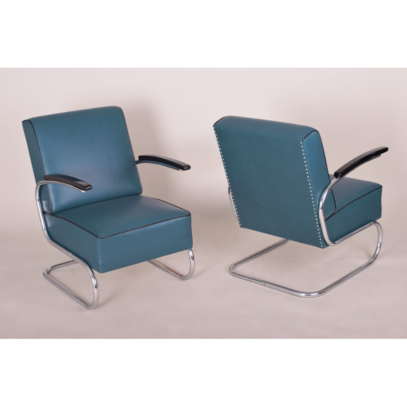 Paar Vintage-Sessel aus blauem Leder von Mucke Melder, Tschechoslowakei 1930