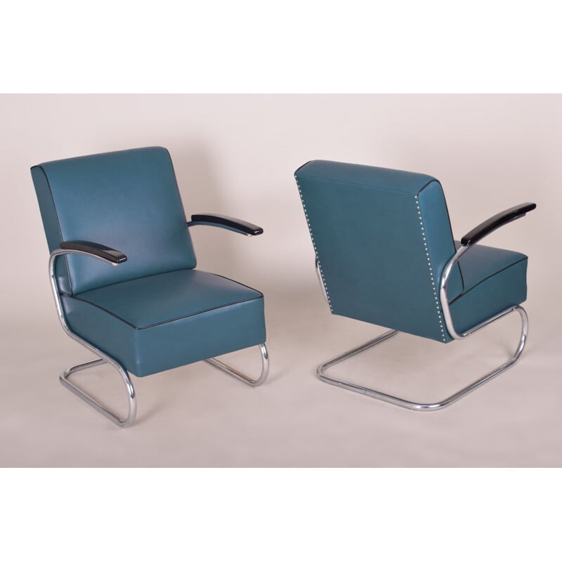 Pareja de sillones de cuero azul vintage de Mucke Melder, Checoslovaquia 1930