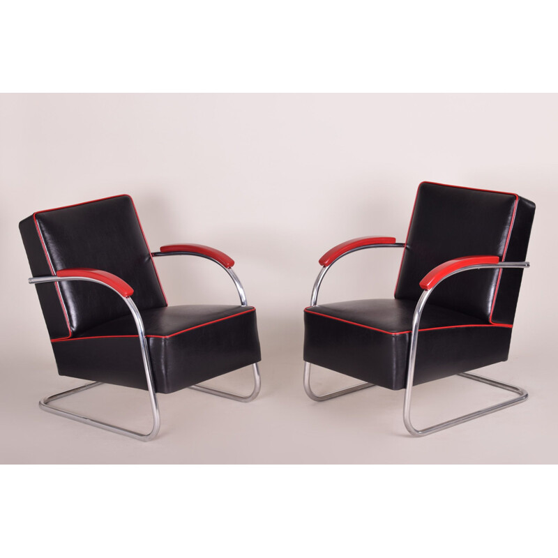 Ein Paar Vintage-Sessel aus schwarzem und rotem Leder von Mucke Melder, Tschechoslowakei 1930