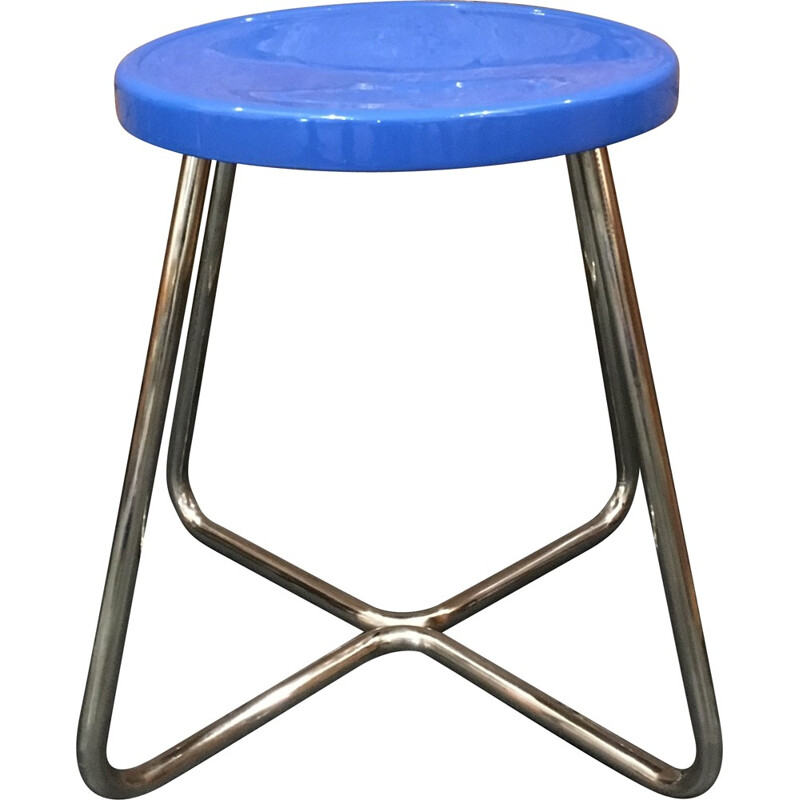 Tabouret vintage avec assise en hêtre laqué bleu - 1930