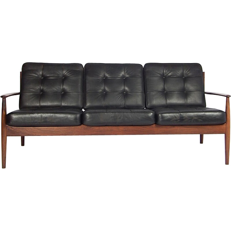 3 seater sofa in rosewood and black leather, Grete JALK - 1960s