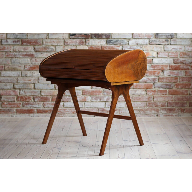 Mid-century desk with Roll-Top in walnut veneer, 1950s