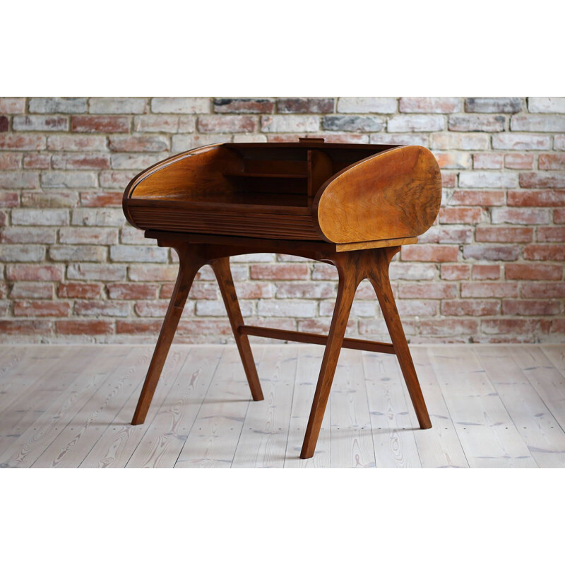 Bureau vintage avec plateau roulant en placage de noyer, 1950