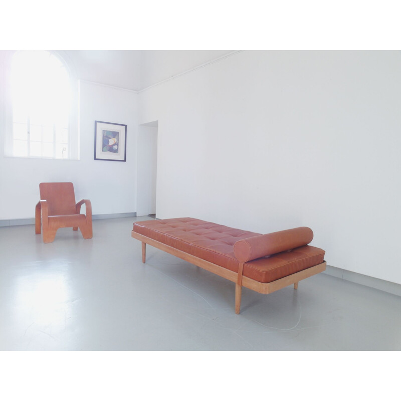 Vintage Danish bed in solid oakwood with leather mattress by Horsnaes Møbler, 1956