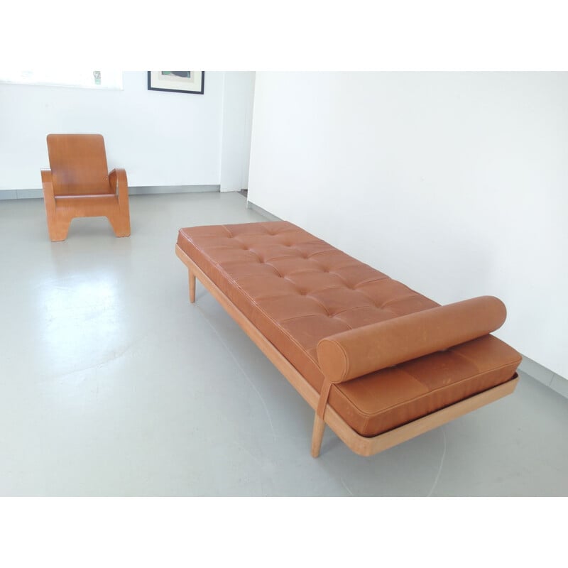 Vintage Danish bed in solid oakwood with leather mattress by Horsnaes Møbler, 1956