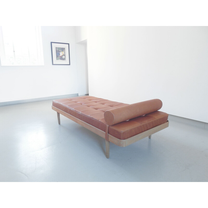 Vintage Danish bed in solid oakwood with leather mattress by Horsnaes Møbler, 1956