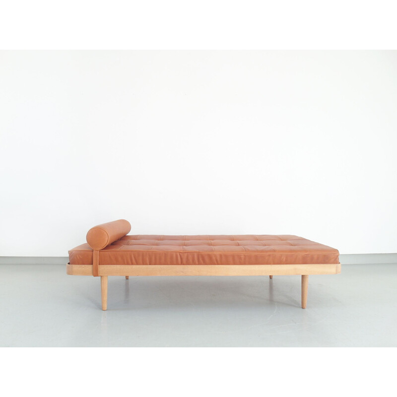 Vintage Danish bed in solid oakwood with leather mattress by Horsnaes Møbler, 1956