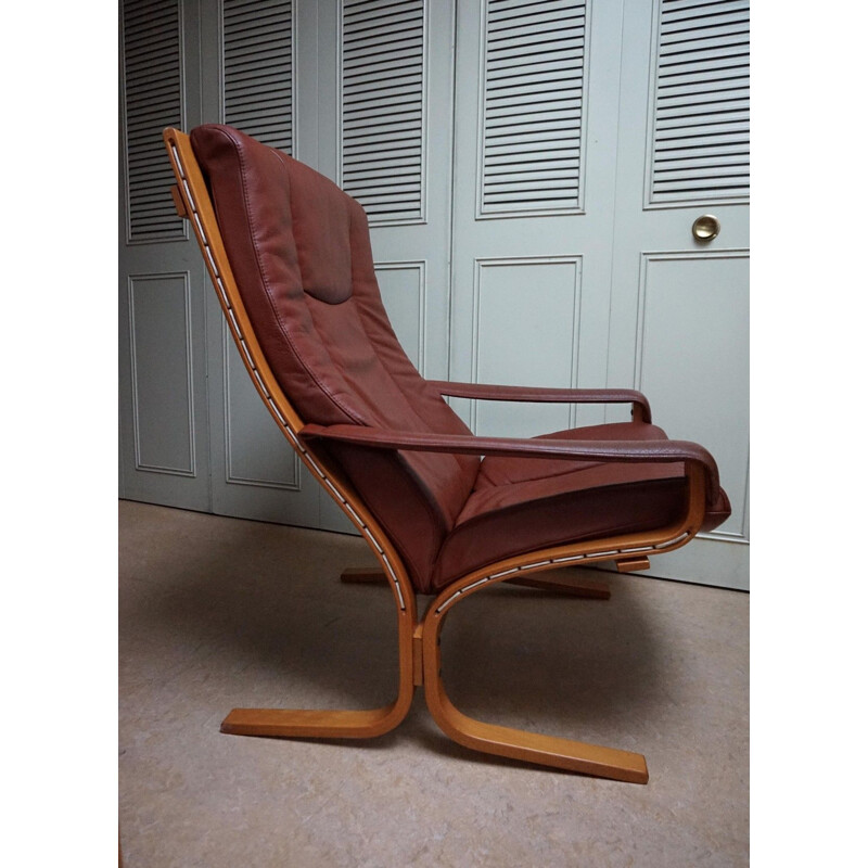 Vintage lederen en beukenhouten fauteuil van Ingmar Relling voor Westnova, Noorwegen 1970