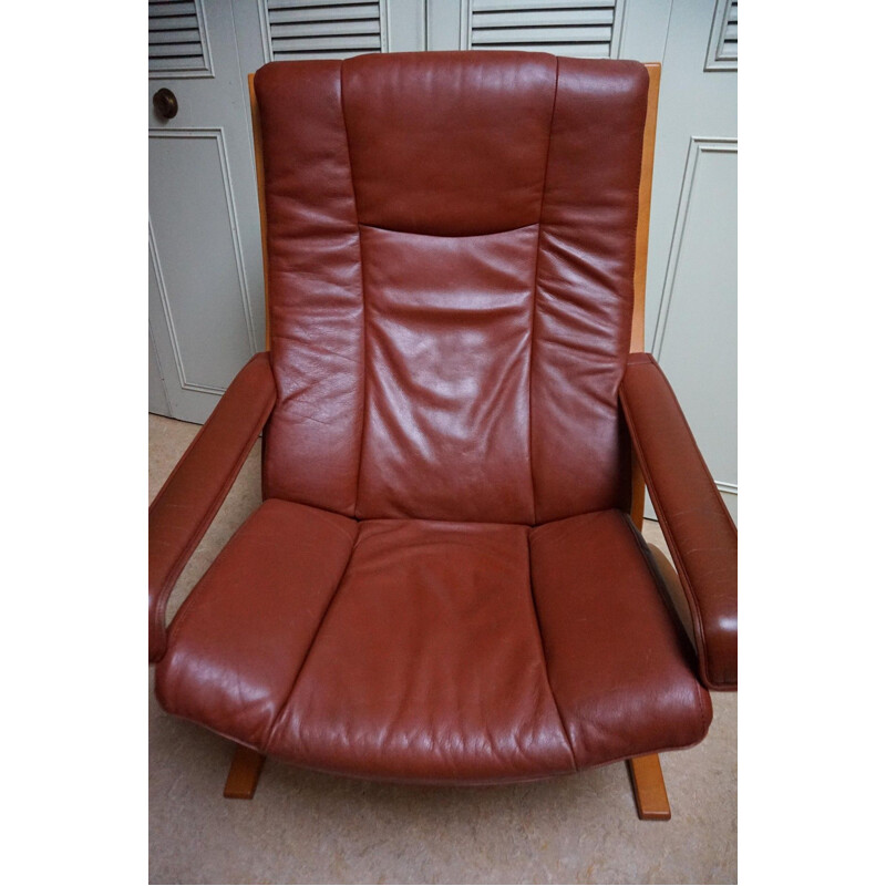 Vintage lederen en beukenhouten fauteuil van Ingmar Relling voor Westnova, Noorwegen 1970