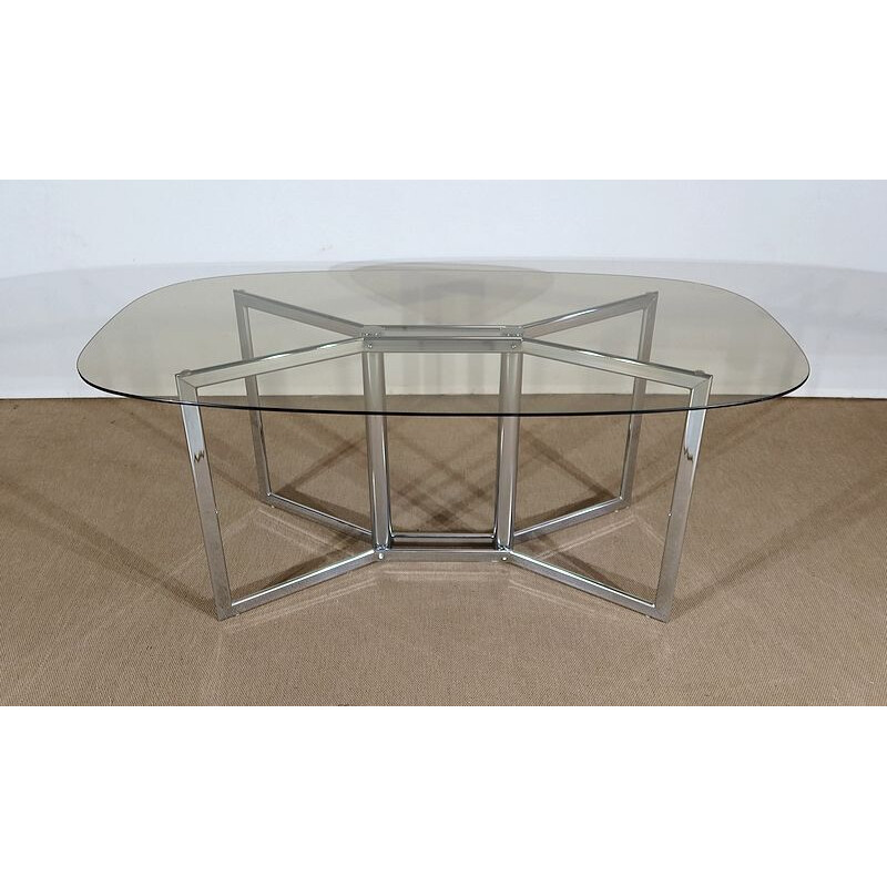 Mesa vintage de metal cromado y cristal ahumado, 1970