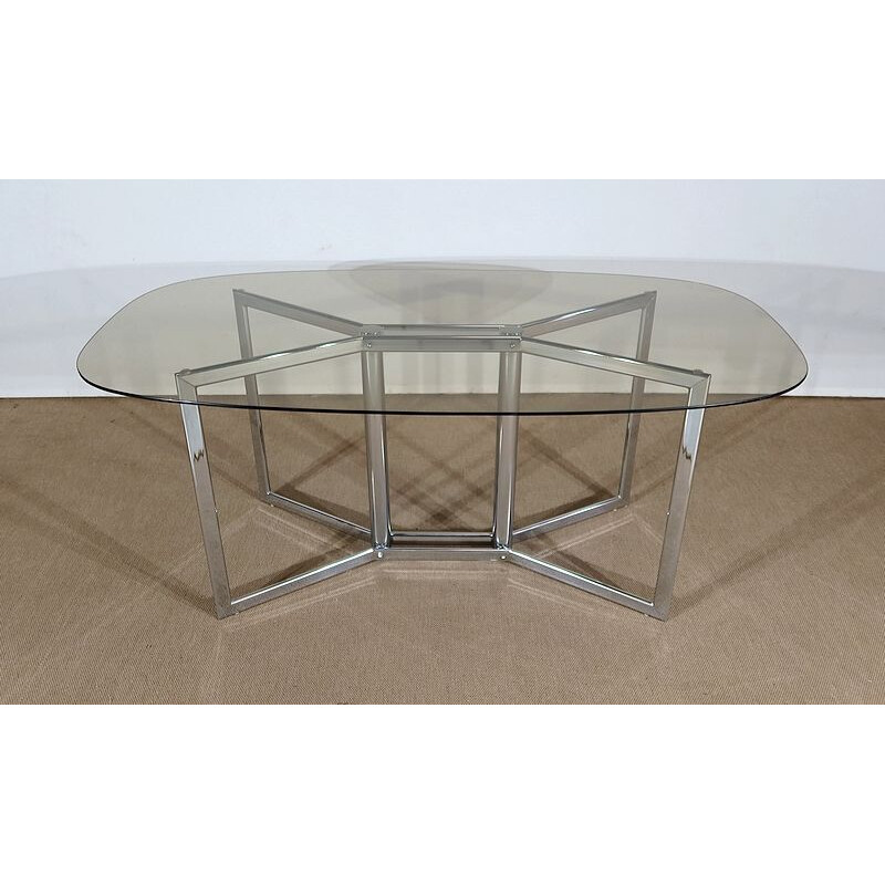 Vintage table in chromed metal and smoked glass, 1970s