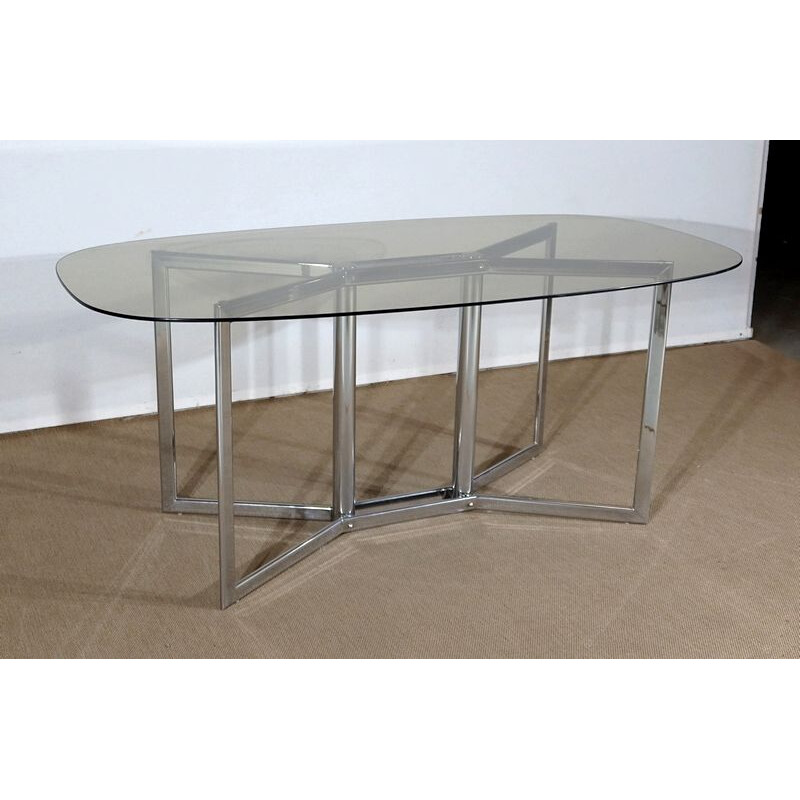 Vintage table in chromed metal and smoked glass, 1970s