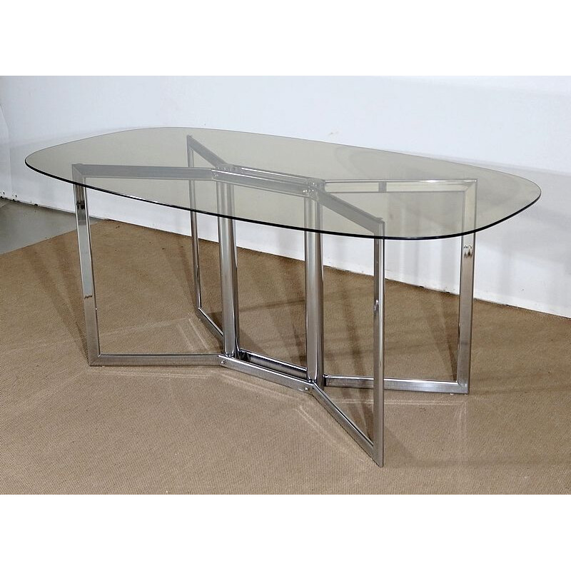 Mesa vintage de metal cromado y cristal ahumado, 1970