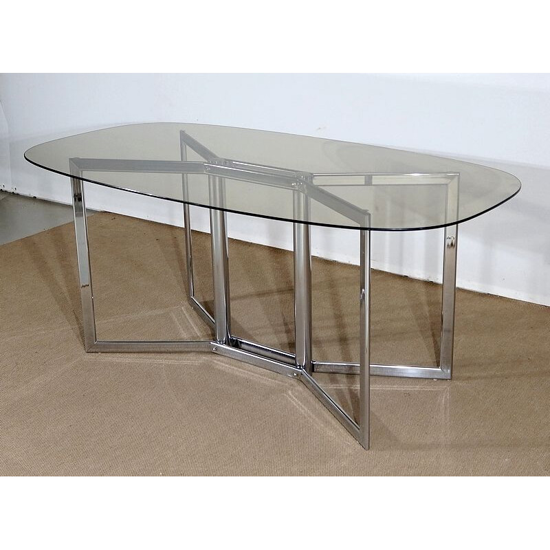 Vintage table in chromed metal and smoked glass, 1970s