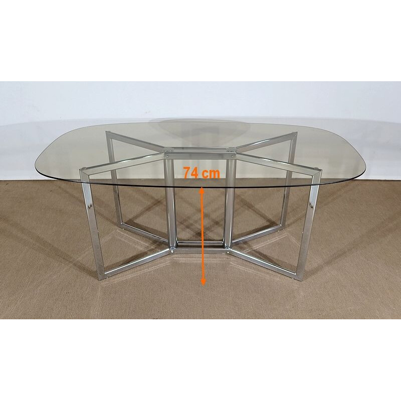 Vintage table in chromed metal and smoked glass, 1970s