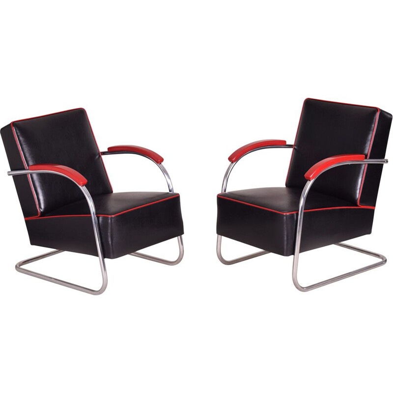 Paire de fauteuils vintage en cuir noir et rouge par Mucke Melder, Tchécoslovaquie 1930